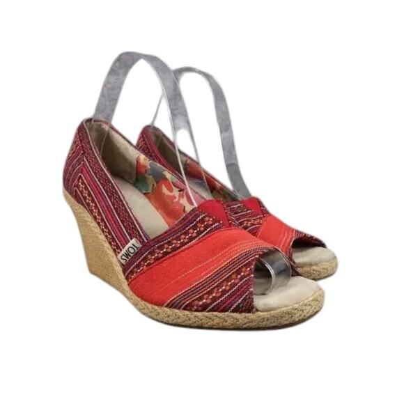 Toms Shoes Womens 8 Wedge Sandal Casuall Fashion Calypso Espadrille Red Peep Toe - Picture 13 of 13
